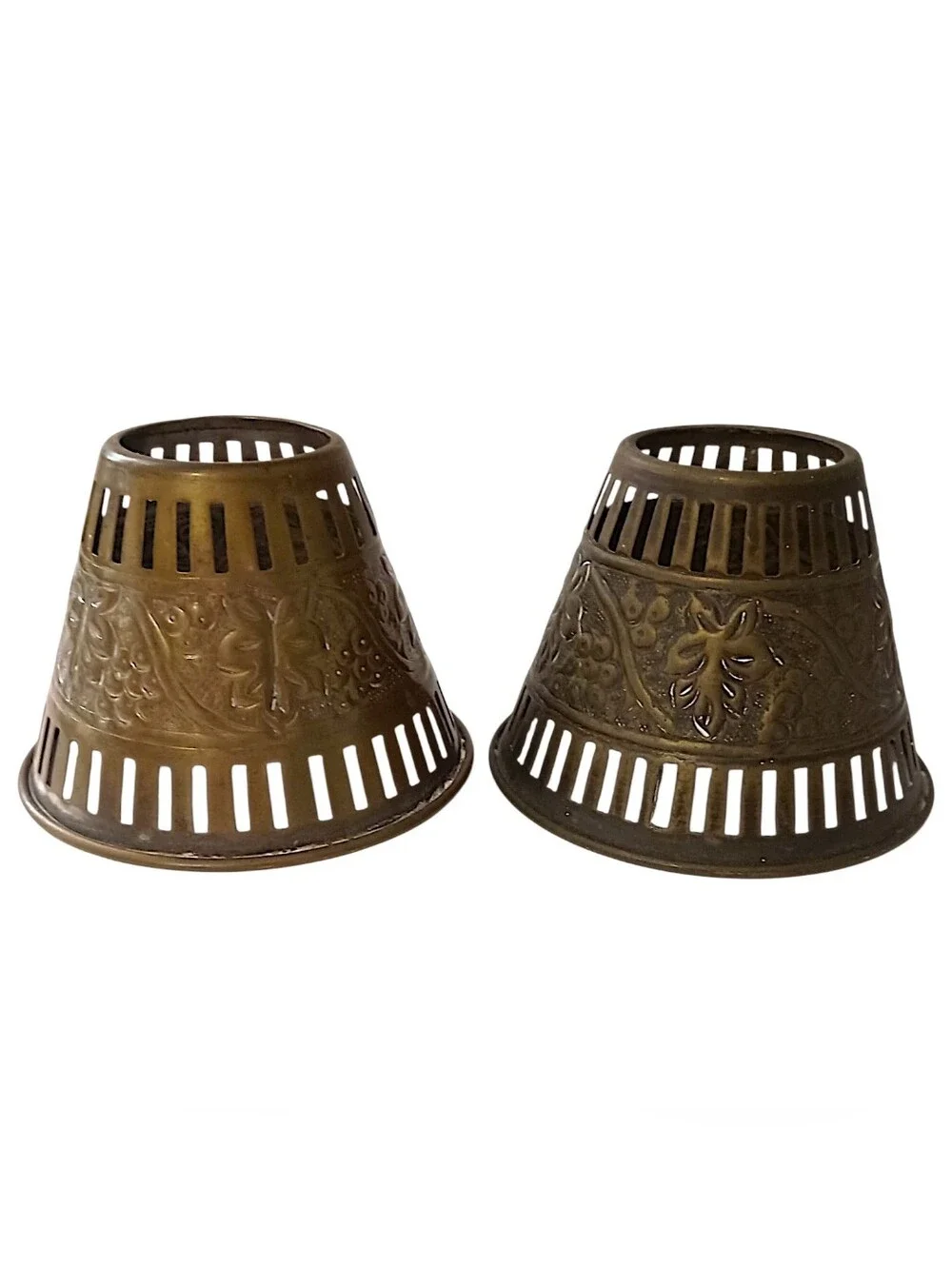 2 Vintage Brass Candle Votive Shades Pair Pierced Embossed Grape Floral Patina